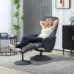 Lænestol med fodskammel, elektrisk massagestol med lænefunktion, 10 massagepunkter, drejelig TV-stol med sidelomme, fjernbetjening, kunstlæder, mørkegrå
