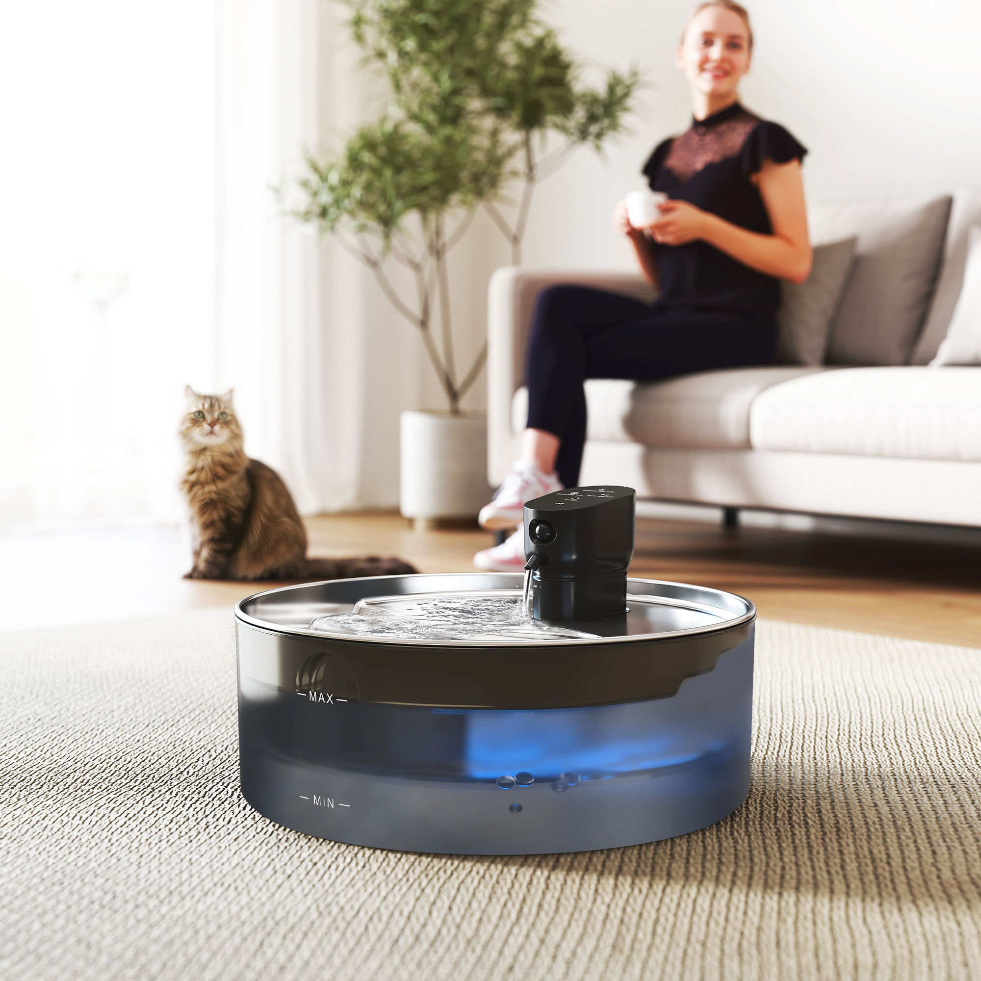 Kattefontæne 7L Drikkefontæne til Katte med Stille Pumpe, LED Intelligent Sensor, Aktivt Kulfilter, Vandstandsvindue, Kattedrikkefontæne, Nem at Rengøre, Vandfontæne til Katte og Hunde