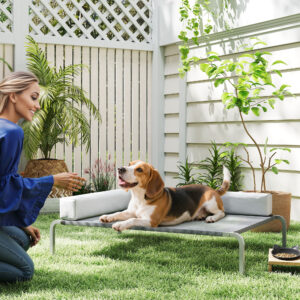 Udendørs hundeseng, hævet hundeseng til mellemstore hunde, kølende kæledyrsseng med L-formet hynde og skridsikre fødder, kæledyrsseng til udendørs camping, 110x75x30cm, lysegrå