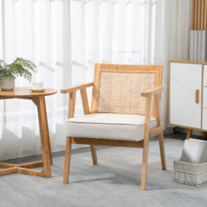 Lænestol til stue med armlæn, sædehynde, loungestol med rattan-ryglæn, læsestol med linned-look, træramme, polstret stol til soveværelse cremefarvet