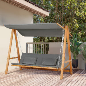 2-personers verandagynge med sengefunktion, havegynge med tag, træhavegynge, 225,5 x 113 x 180 cm, grå, teak