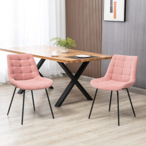 Spisestolsæt med 2 køkkenstole med ryglæn, lyserødt fløjlsbetræk, retrodesign, stålben, til stuen