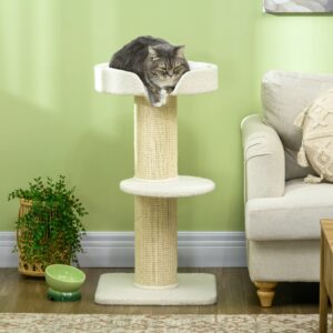 Kradsetræ 91 cm Kattetårn med Sisalstolper, Platform, Hynde, Kradsetræ i flere niveauer til katte, Klatretræ, til mellemstore katte, Cremehvid