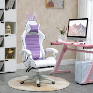 Gaming Chair Ergonomisk Gamerstol med Lændestøtte, Fodstøtte, Gamingstol med Kaninører, Nakkestøtte, Kontorstol med Justerbar Ryglæn, Hvilefunktion, Lilla