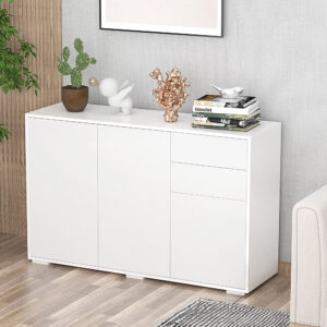 Skænk hvid kommode med 2 skuffer og 3 døre, multifunktionsskab, arkivskab, 117x36x74cm