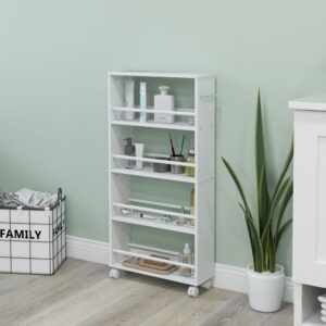 Rullende Vogn, Slank Serveringsvogn med 4 Etager, Håndtag, Opbevaringsvogn til Køkken, Stue, Hvid, 45 x 15 x 91 cm