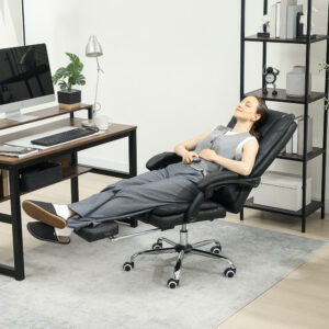 Kontorstol med Vibrationsmassage, Ergonomisk Executive-stol med Lændevarmer, Hvilefunktion, Fodstøtte, Højdejusterbar Skrivebordsstol, Drejestol med Sidelomme, Sort