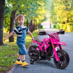 12V Elektrisk Børnemotorcykel, Børnemotorcykel med Støttehjul, op til 3 km/t, Elmotorcykel med Horn og Startlyd, Børnekøretøj til 3-8-årige, maks. 30 kg, Lyserød