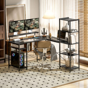 Skrivebord, L-formet computerbord, 137 x 140 x 139,5 cm, hjørnebord med 6 hylder, kontorbord med skærmstativ, USB, stikkontakt, til hjemmekontor, kontor, sort