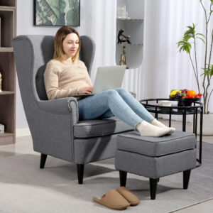 Wingback-stol med fodskammel, lænestol i linned-look med lændehynde, loungestol, moderne afslappende stol med armlæn til stue, grå