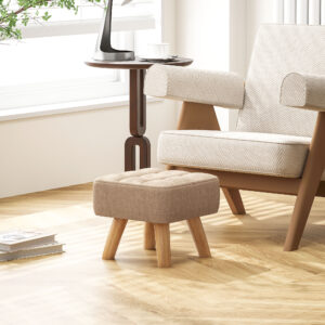Fodskammel med linnedlook, træben, moderne polstret fodskammel til soveværelse, stue, brun