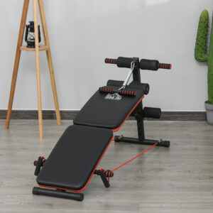 Sit-Up Bænk Mavetræner med Træningsreb Træningsbænk Multifunktionel Justerbar & Sammenklappelig 110 kg Belastningskapacitet Stål Sort + Rød 137 x 51 x 50-66 cm