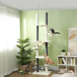 Kratzbaum Deckenhoch, Katzenbaum, 225-255 cm Katzenkratzbaum mit Hängematten, Kratzstämmen, Korb, Spielball, Katzenmöbel mit Kippschutz, Weiß