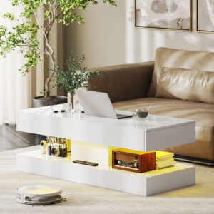 Stuebord med skuffer og LED-lys, Moderne sofabord med åben hylde, Sofabord, Spånplade, Hvid