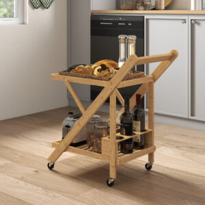 Køkkenvogn Serveringsvogn med Vinreol, Bordplade, 2 Etager, Rullende Vogn til Kontor, Køkken, Stue, 66 x 40 x 70 cm, Bambus, Naturlig