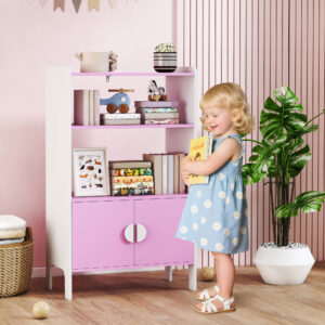 Børnebogreol, 2 Hylder, 2 Skabe, Fritstående, Anti-Tip Design, Skridsikre Ben, MDF, Pink+Hvid