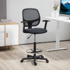 Ergonomisk kontorstol, skrivebordsstol, drejestol, tegnestol, justerbar fodstøtte, op til 120 kg, sort, 60x56x110-132 cm
