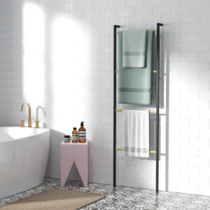 Håndklædestige 49 x 167,5 cm Håndklædeholder med 4 stænger Pladsbesparende til badehåndklæder, tøj, tæpper, aviser, lavet af stål, sort