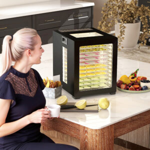 Maddehydrator, 850 W, 40-70°C Temperaturkontrol, 48-timers timer, 12 bakker, rustfrit stål, sort