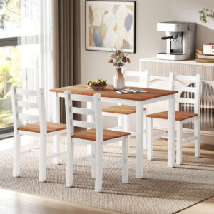 Spisesæt, Spisebord, 4 Stole, Spisesæt, Fyrretræ, Brun+Hvid