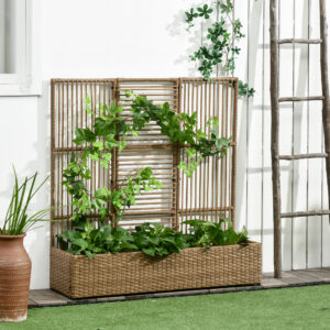Blomsterkasse med espalier, vejrbestandig, polyrattan, 103 x 103 x 29 cm, sandfarvet