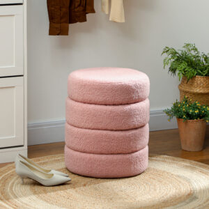 Skammel, rund, teddy fleece, metalstel, op til 120 kg, Ø40x45H cm, pink
