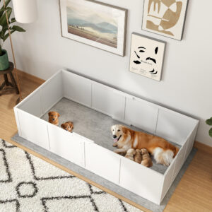 Hvalpekasse til hunde og hvalpe, med justerbare indgange, til store og små hunde, 196 x 96 x 48 cm, hvid