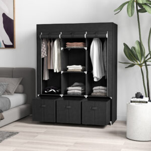 Stofgarderobe, Sammenklappelig Garderobe, Inklusive 3 Skuffer, 125 cm x 43 cm x 162,5 cm, Sort