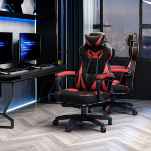Ergonomisk Kontorstol, Gamingstol, Drejestol med Udtrækkelig Fodstøtte og Justerbar Ryglæn, Skum + PU Læder + Metal, Sort + Rød, 65 x 70 x 118,5-128,5 cm