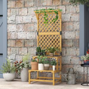 Plantestativ, blomsterhylde, 2 etager, med espalier og tag, fyrretræ, 60x50x166cm, gul