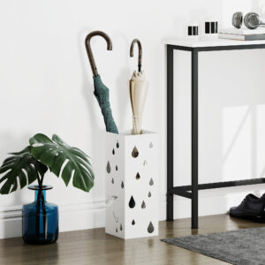 Paraplyholder med 4 kroge, vandopsamler, paraplyholder til entré, paraplyer og vandrestokke, stål, 15,5 x 15,5 x 40 cm, hvid
