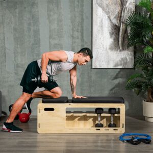 Vægtbænk, træningsbænk med opbevaringsboks, modstandsbånd, justerbar fitnessbænk til vægtløftning, styrketræning, massivt træ