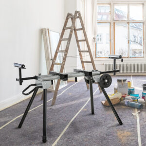 Bundramme til arbejdsbord med geringsav, sort+sølv, sideforlænger 123,5-245 cm