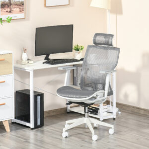 Kontorstol, skrivebordsstol, drejestol, gamingstol med nakkestøtte, lændehynde, 3D-armlæn, 3 niveauer, 360° drejelige hjul, højdejusterbar, ergonomisk, netstof, skum, grå, 67 x 65 x 120-128 cm