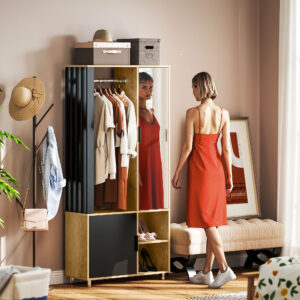 Garderobe med spejl og bøjlestang, opbevaringsrum, åbne hylder, naturtræ, sort