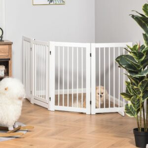 Hundegitter, 4-delt, 204 x 75 cm, Foldbar Dørgitter med Dør, Fritstående Hundegitter med 2 Støttefødder, Trætrappegitter til Entre, Køkken, Trapper, Hvid