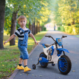 El-motorcykel til børn, 45 minutters køretid, med støttehjul, fra 3 år, blå+hvid, 106,5 x 51,5 x 68 cm