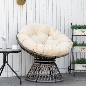 Papasan stol, kurvestol, sædehynde, syntetisk rattan, drejelig, metalramme, 87 x 97 x 90 cm, beige