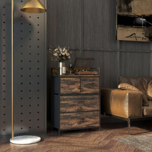 Kommode, Skænk, 4 stofskuffer, Industrielt Design, 60x29x85cm, Brun/Sort