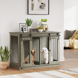 Hundebur, Kæledyrsbur, Hundehus med mulighed for to rum til mellemstore hunde, Hundebur med dobbeltdøre, Hundehus, Grå, 120 x 60 x 88,5 cm