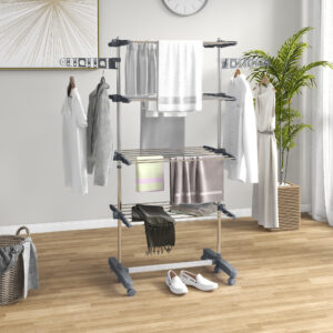 Tørrestativ med 5 niveauer, foldbart system med et enkelt klik, 142 cm x 55 cm x 1,72 cm, grå + sølv