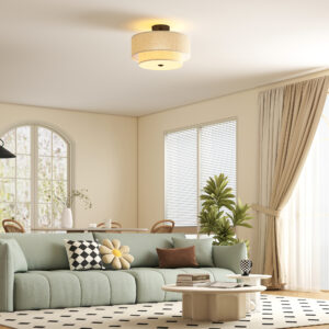 Loftlampe, Pendel med Dobbeltskærme i Linned Look, Cremehvid