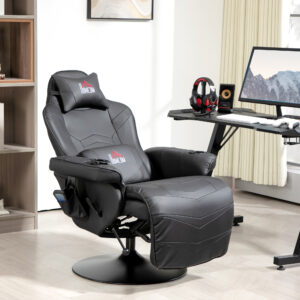 Gamingstol med massagefunktion, lænelæn, fodstøtte, op til 120 kg, stålstel, kunstlæder, sort