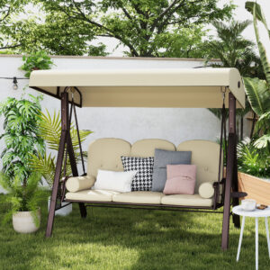 3-personers verandagynge havegynge med soltag hynde metal polyester khaki 116 x 206 x 183 cm