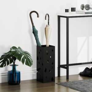 Paraplyholder med 4 kroge, vandopsamler, paraplyholder til entré, paraplyer og vandrestokke, stål, 15,5 x 15,5 x 40 cm, sort