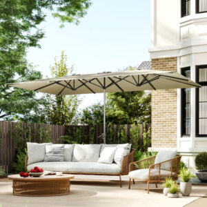 Dobbeltparasol med håndsving 451 x 264 cm, UV-beskyttelse 50+ parasol, vindtæt haveparasol, balkonparasol, markedsparasol i aluminium, solbeskyttelse til balkon, terrasse, have, cremehvid
