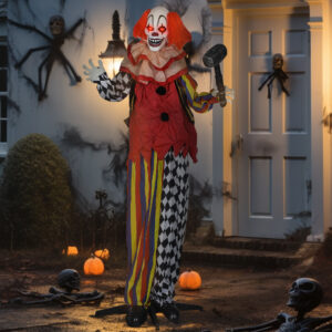 Uhyggelig Klovn, Halloween Animatronic, 173 cm, Glødende Øjne, Lydaktivering, Bevægelige Arme og Hoved, Batteridrevet, Plastik, Metal, Rød
