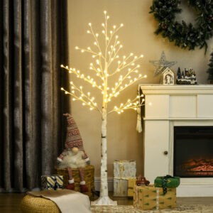 Kunstig Birketræ med 120 LED-lys, 3 lysstyrkeniveauer, foldbare grene, IP44, 150 cm, hvid