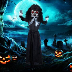 Gyserdukke, Halloween-dekoration, uhyggelig stemme og musik, røde øjne, bevægelig, 160 cm