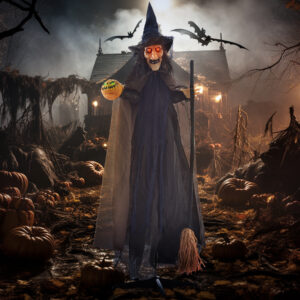 Halloween-dekoration heks med kost, lysende øjne, uhyggelige lyde, fleksible arme, 107 x 65 x 190 cm